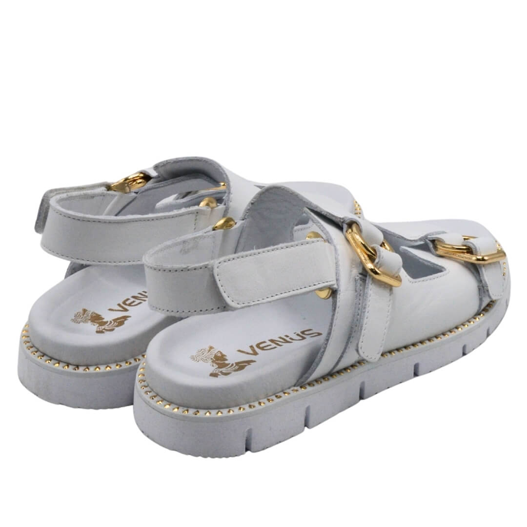 Kadın Gold Kemer Detaylı Modern Hakiki Deri Sandalet Beyaz 25440013Y