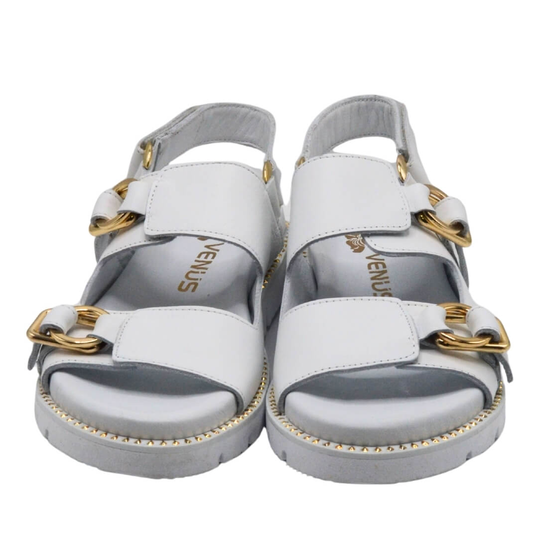 Kadın Gold Kemer Detaylı Modern Hakiki Deri Sandalet Beyaz 25440013Y - Thumbnail