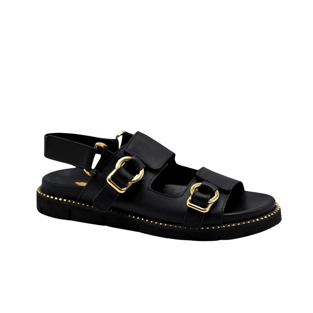 Kadın Gold Kemer Detaylı Modern Hakiki Deri Sandalet Siyah 25440013Y - Thumbnail
