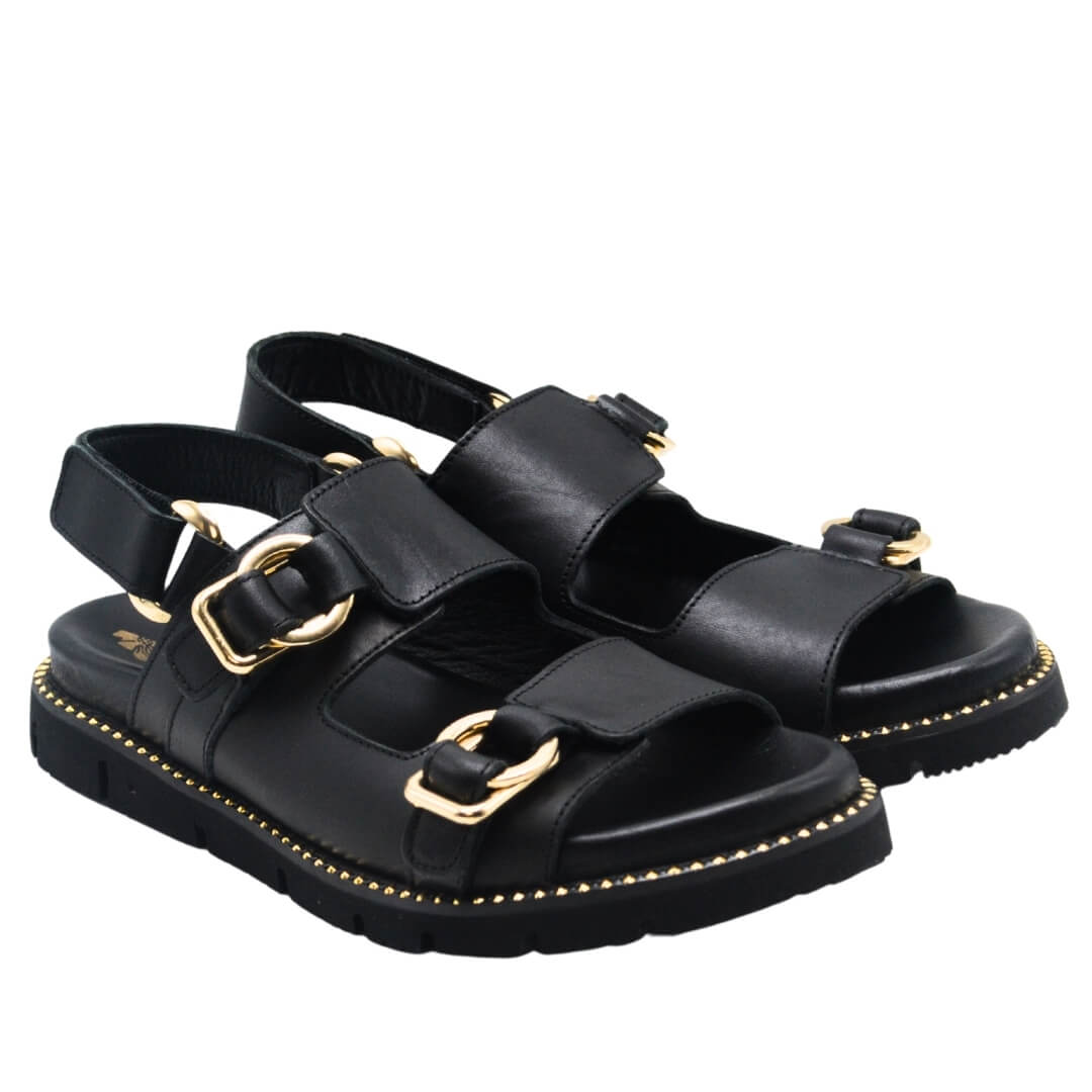 Kadın Gold Kemer Detaylı Modern Hakiki Deri Sandalet Siyah 25440013Y - Thumbnail