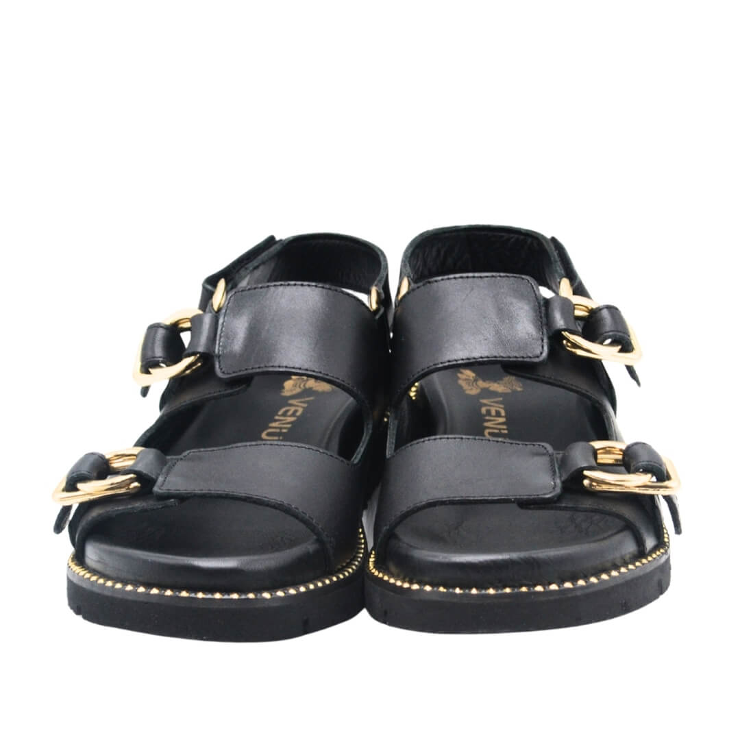 Kadın Gold Kemer Detaylı Modern Hakiki Deri Sandalet Siyah 25440013Y - Thumbnail