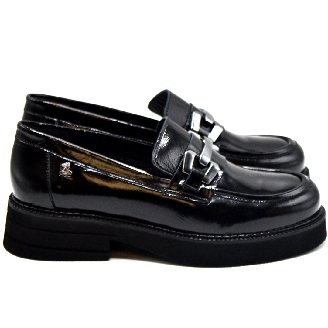 Kadın Loafer Deri Tokalı Ayakkabı Siyah Rugan 2451352K - Thumbnail